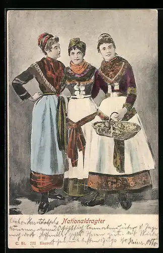 AK Nationaldragter, drei Däninnen in Trachtenkleidern