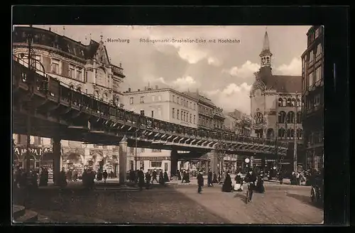 AK Hamburg, Rödingsmarkt - Graskeller Ecke mit Hochbahn