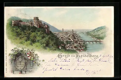 Lithographie Heidelberg, Gesamtansicht mit Schloss, das Grosse Fass