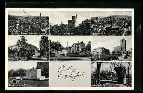 AK St. Ingbert, Bahnhof, Brauerei Becker, St. Hildegardkirche