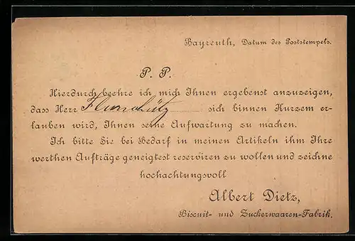 AK Bayreuth, Mitteilungskarte Firma Albert Dietz, Biscuit- und Zuckerwaaren-Fabrik