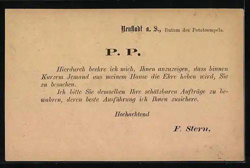 AK Neustadt a. S., Mitteilungskarte von F. Stern, Ganzsache Bayern