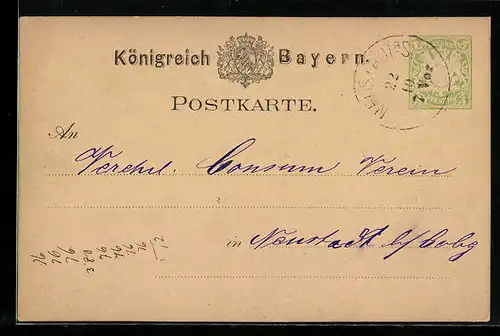 AK Neustadt a. S., Mitteilungskarte von F. Stern, Ganzsache Bayern