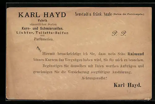 AK Neustadt a. S., Mitteilungskarte Firma Karl Hayd, Kern- und Schmierseifen