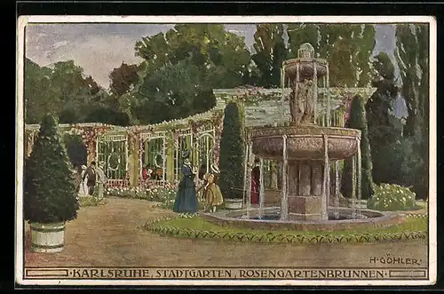 Künstler-AK Karlsruhe, Stadtgarten, am Rosengartenbrunnen