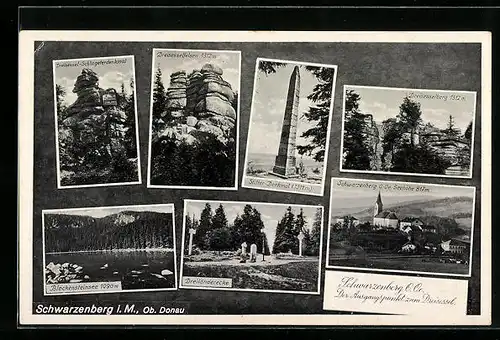 AK Schwarzenberg i. M., Stifter-Denkmal, Dreisesselberg und Felsen, Gesamtansicht