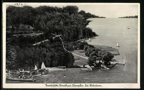 AK Potsdam, Gaststätte Forsthaus Templin aus der Vogelschau, Seepartie