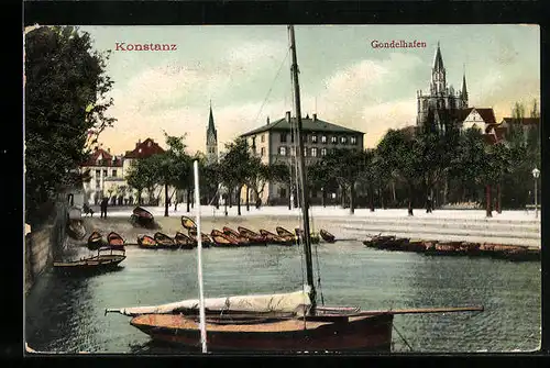 AK Konstanz, Gondelhafen mit Schiffen