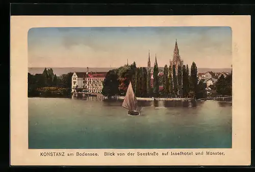 AK Konstanz am Bodensee, Blick von der Seestrasse auf Inselhotel und Münster