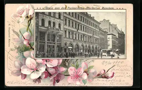 Passepartout-Lithographie München, Gaststätte Pschorrbräu-Bierhallen mit Strasse, Obstblüten