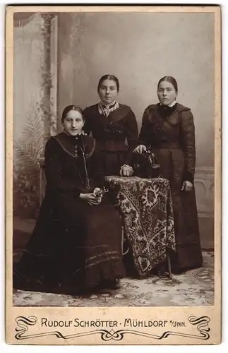 Fotografie Rudolf Schrötter, Mühldorf a. Inn, Hauptstr., drei Damen in feinen Kleidern