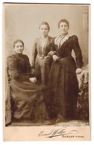 Fotografie Ernst Wilke, Goslar a. Harz, drei feine Damen in ihren besten Kleidern