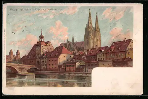 Lithographie Regensburg, Uferpartie und Stadtwappen