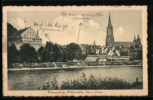 AK Ulm a. Donau, Restaurant zur Wilhelmshöhe mit Blick auf die Kirche