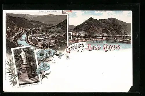 Lithographie Bad Ems, Kaiser Wilhelm Denkmal, Bäderley, Totalansicht