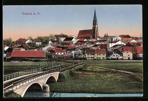 AK Velden a. V., Totalansicht, Ortsansicht mit Blick auf die Brücke und Kirche