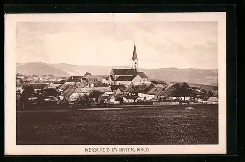 AK Wegscheid i. bayer. Wald, Ortsansicht aus der Ferne mit Blick auf die Kirche
