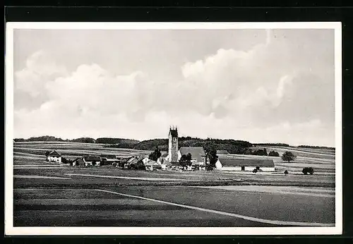 AK Oberdietfurt a. d. Rott, Ortsansicht aus der Ferne mit Blick auf die Kirche und Landschaft