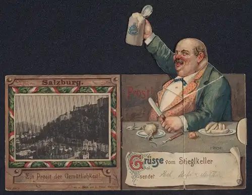 Mechanische-AK Salzburg, Gasthaus Stieglkeller, Lebemann grüsst aus dem Gasthof