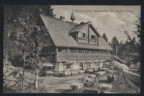 Trockenblumen-AK Vigiljoch, Restauration Endstation der Vigiljochbahn, rückseitig Blumen