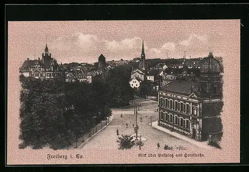 AK Freiberg i. Sa., Blick über den Postplatz und der Hornstrasse