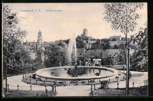 AK Auerbach i. V., Anlagenpartie mit Springbrunnen