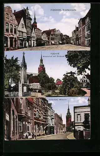 AK Itzehoe, Breitestrasse, Klosterhof mit Denkmal, Mittelstrasse