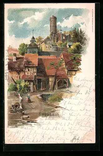 Lithographie Eppstein, Strassenpartie mit Blick zur Ruine