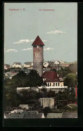 AK Auerbach i. V., Schlossturm aus der Vogelschau