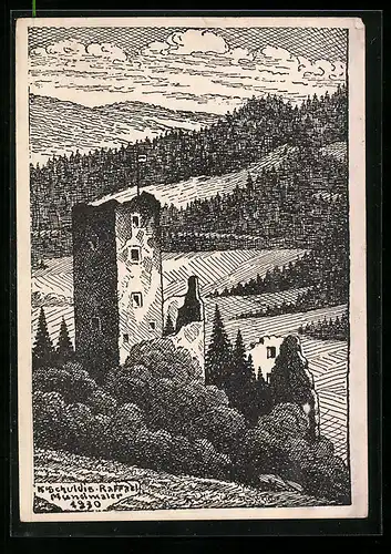 Künstler-AK Waldkirch /Baden, Blick auf Ruine Kastelburg