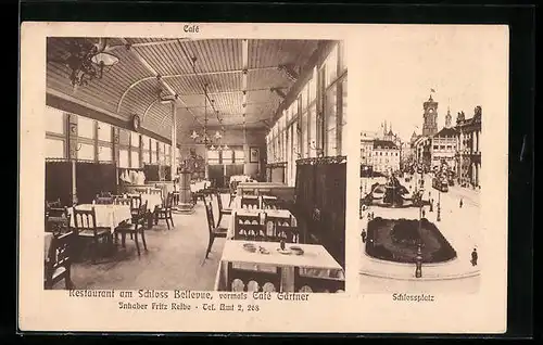 AK Berlin-Charlottenburg, Restaurant am Schloss Bellevue F. Reibe, Innenansicht, Schlossplatz