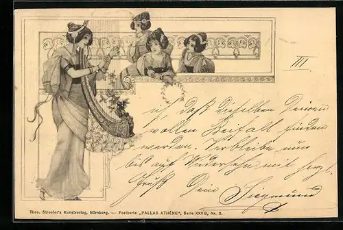 Künstler-AK Damen in eleganten Kleidern im Jugendstil