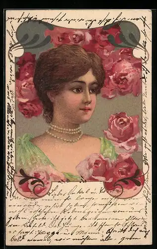 Lithographie Portrait einer Fräuleins und Rosen