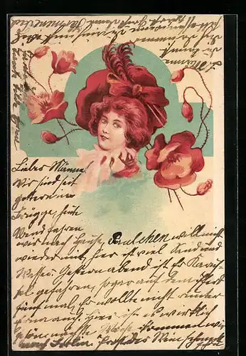 Künstler-AK Dame mit rotem Hut im Jugendstil
