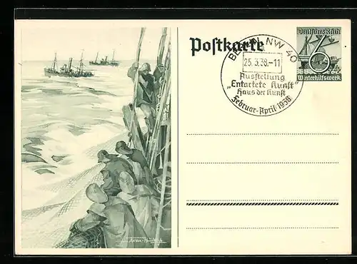Künstler-AK Seeleute holen die Netze ein, Ganzsache Winterhilfswerk