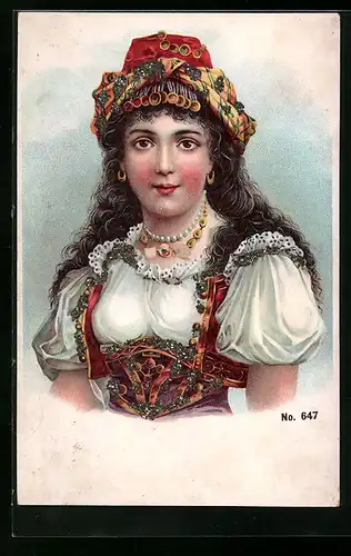 Glitzer-Perl-AK Hübsche Zigeunerin im Kleid mit Glitzer-Perlen, Jugendstil