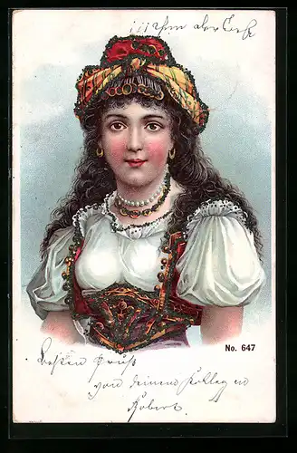 Glitzer-Perl-AK Schöne Zigeunerin im Kleid mit Glitzer-Perlen, Jugendstil