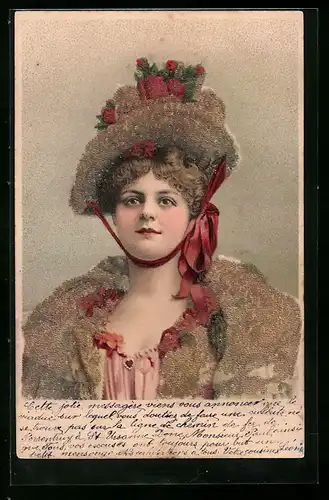 Glitzer-Perl-AK Dame trägt einen Hut mit Glitzer-Perlen, Jugendstil