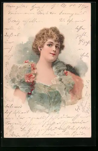 Glitzer-Perl-AK Blonde Schönheit im Kleid mit Glitzer-Perlen, Jugendstil