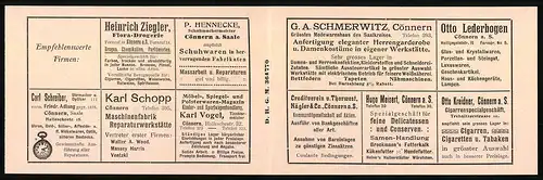 Klapp-AK Cönnern a. S., Tabakgeschäft und Mineralwasserfabrik Otto Kreidner, Trebnitzer Str. 10, rückseitig Reklame