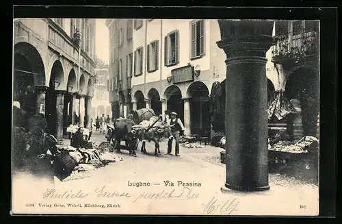 AK Lugano, Via Pessina mit Markt