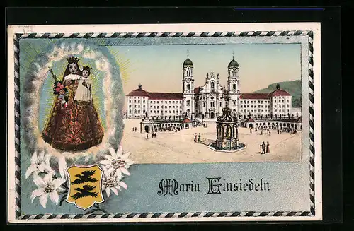 AK Maria Einsiedeln, Blick auf ein prächtiges Gebäude, Heiligenfigur