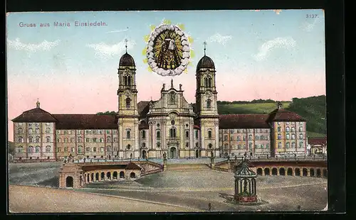 AK Maria Einsiedeln, Gruss mit Ortsansicht