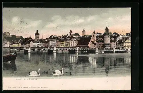 AK Luzern, Wasserpartie mit Blick auf die Stadt