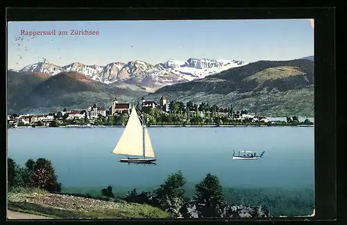 AK Rapperswil, Blick zum Ort am Zürichsee, Segelboot