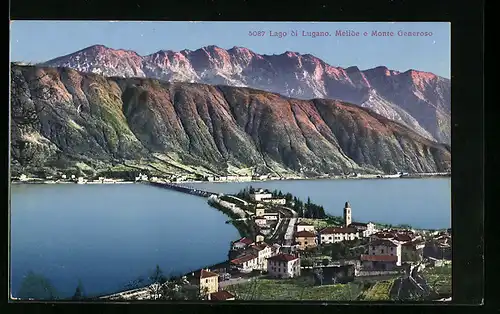 AK Melide, Blick auf Bissone und Monte Generoso im Abendlicht