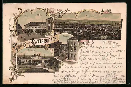 Lithographie Zweibrücken, Totalansicht, Schloss, Haupstrasse, Bahnhof