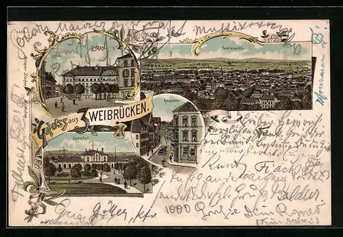 Lithographie Zweibrücken, Totalansicht, Schloss, Haupstrasse, Bahnhof