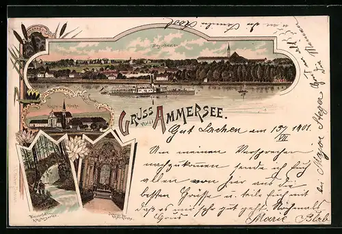 Lithographie Beyerdiessen, Dampfer auf dem Ammersee, Blick zum Ort