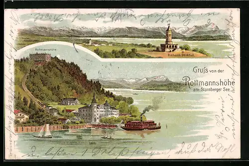 Lithographie Berg-Leoni /Starnberger See, Dampfer am Anleger und Rottmannshöhe, Bismarck Denkmal